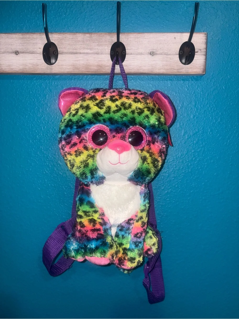 Ty Rainbow Leopard Plush Backpack with Purple Straps